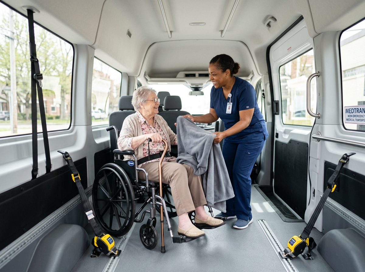 Trained Patient attendant providing warm blanket and compassionate care to senior patient inside transport vehicle