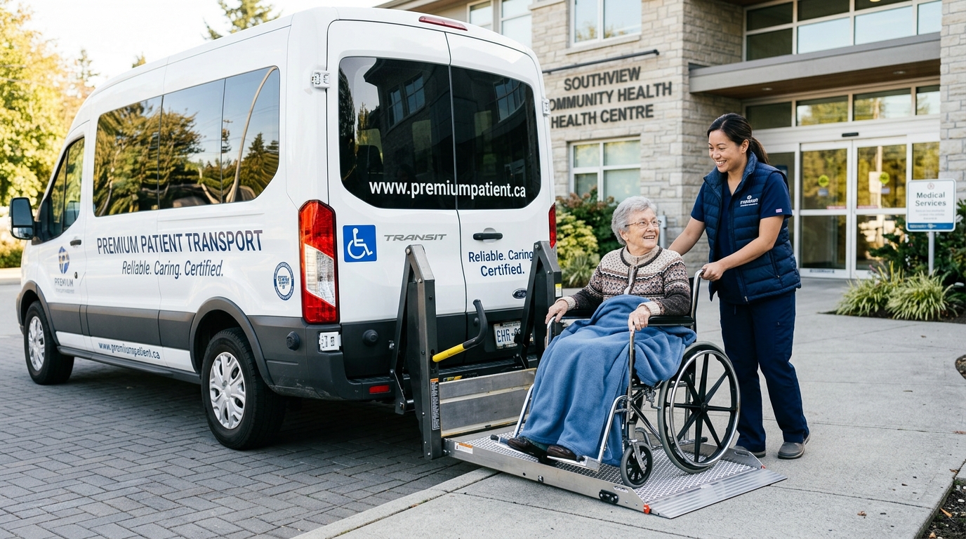 Premium Patient Transport Services Inc caring trained Patient attendant assisting senior patient